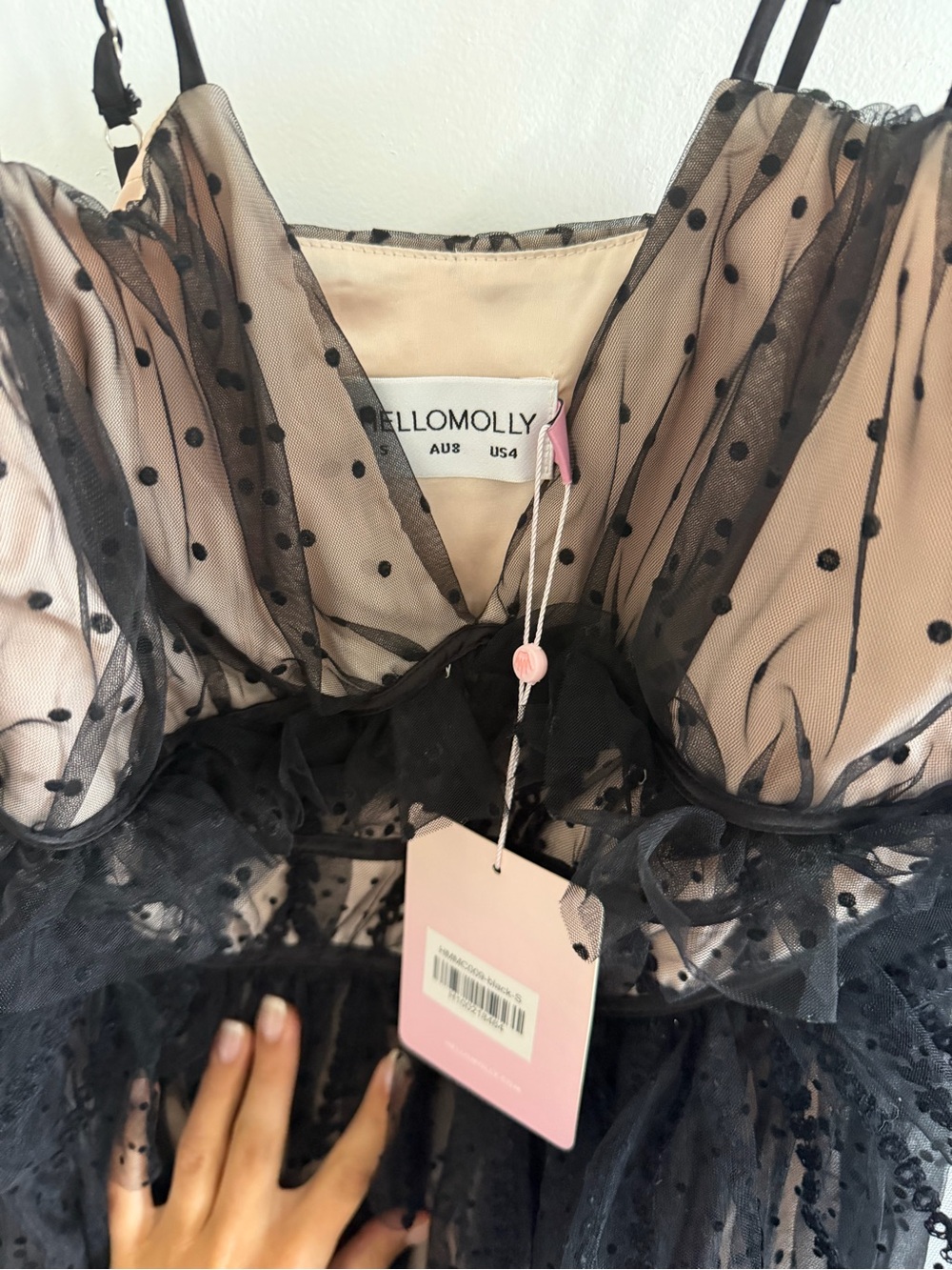 NWT Hello Molly Black Sheer Tulle Polka Dot Tiered Lace Mini Dress Size 4 - Picture 3 of 6